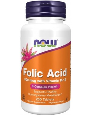 Acido Folico 800 mcg com Vitamin B-12 250 Tablets NOW Foods